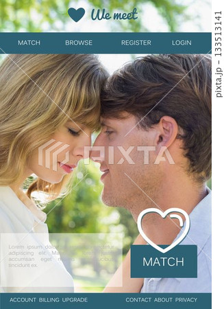 Couple is leaning foreheads together in flat mockup with heart-shaped match button and blurred park 133513141
