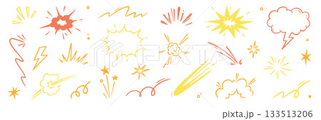 Explosive surprise comic line golden effect set. Hand drawn doodle cartoon speed effect, gold explosive burst action elements. Comic cartoon surprise line luxury shapes. Vector Explosive surprise comic line golden effect set. Hand drawn doodle cartoon speed effect, gold explosive burst action elements. Comic cartoon surprise line luxury shapes. Vector 133513206
