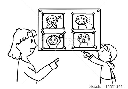 感情カードを使って気持ちを学ぶ子どもと支援員 133513634