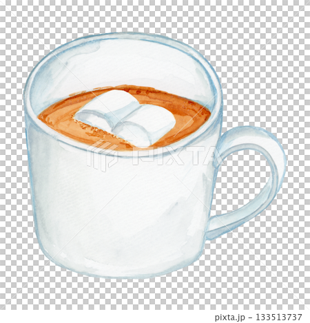 Hand drawn watercolor white mug of cocoa with marshmallows 133513737