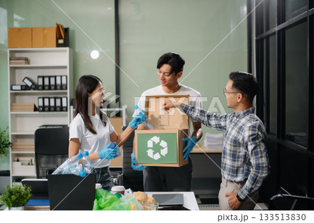 Eco-friendly teamwork with this office recycling scene. Perfect for showcasing sustainability, collaboration, 133513830
