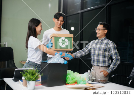 Eco-friendly teamwork with this office recycling scene. Perfect for showcasing sustainability, collaboration, Eco-friendly teamwork with this office recycling scene. Perfect for showcasing sustainability, collaboration, 133513832
