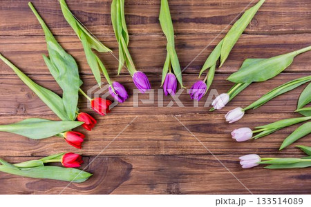 Flat design showing semicircle red purple white tulips green leaves fanning across wood tabletop 133514089