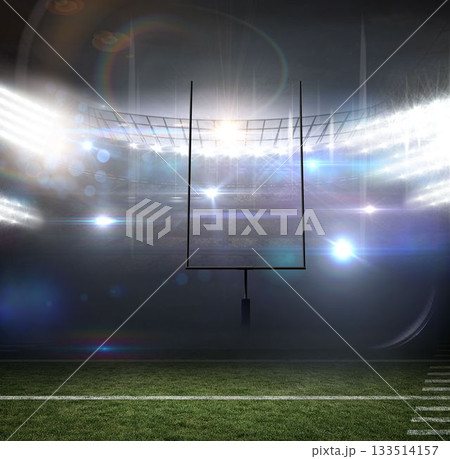 Flat design football goalpost is standing under bright floodlights on turf with white yard lines 133514157