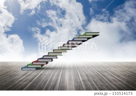 Flat design showing hardcover books ascending like staircase on wooden floor, with cloudy sky 133514173