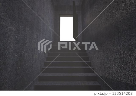 Grey staircase leading to open door 133514208
