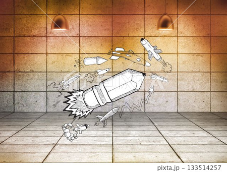 Drawn pencil rocket in 3d room Drawn pencil rocket in 3d room 133514257