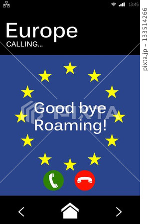 Good bye roaming text and European Union flag on mobile screen 133514266