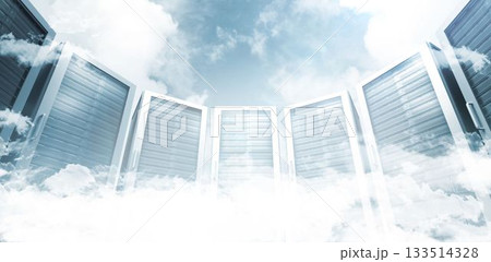 Curved server racks with illuminated panels are rising from clouds in flat design below blue sky 133514328
