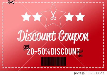 Displaying red gradient coupon featuring dashed border, scissor icons, 20–50% discount, barcode Displaying red gradient coupon featuring dashed border, scissor icons, 20–50% discount, barcode 133514344