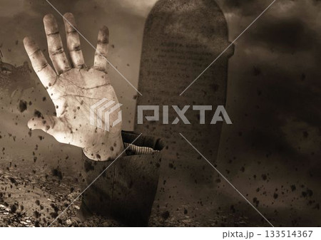 Digital image of cropped hand by tombstone 133514367