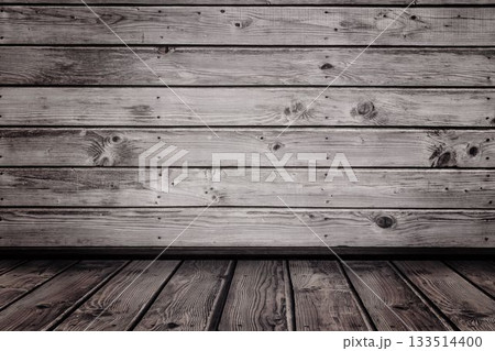 Distressed rustic wooden floor and wall planks are converging in flat design, copy space Distressed rustic wooden floor and wall planks are converging in flat design, copy space 133514400