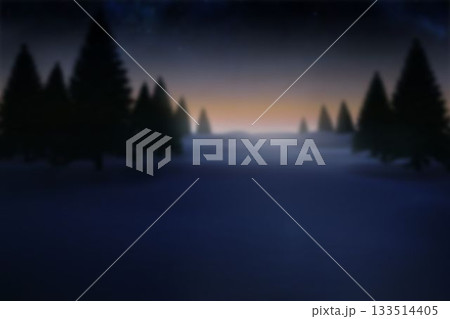 Pine silhouettes are glowing in flat design forest clearing, showing snowy ground and starry sky 133514405