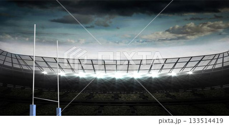 Rugby-style goalposts are standing in modern stadium flat design, with blue padding and lights Rugby-style goalposts are standing in modern stadium flat design, with blue padding and lights 133514419