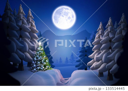 Flat design Christmas tree is glowing with lights star topper under full moon in snowy clearing 133514445