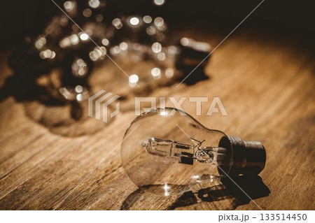 Shiny light bulbs on wooden plank 133514450