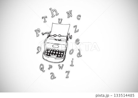 Vintage manual typewriter is displaying blank sheet and floating characters in line art, copy space 133514485