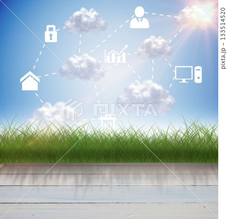 Flat outdoor design is showing stylized cloud network linking tech icons with white dashed lines 133514520