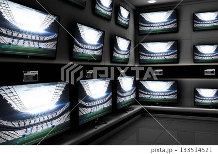 Rows of wall-mounted flat-screen televisions are filling flat design showroom with glossy floor Rows of wall-mounted flat-screen televisions are filling flat design showroom with glossy floor 133514521