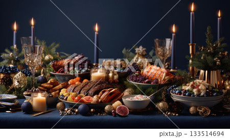 Festive holiday dinner table with roasted meat, fruits, candles, and elegant decorations creating warm and inviting atmosphere 133514694