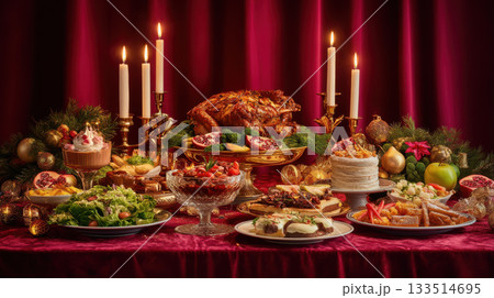 Festive holiday dinner table with roasted turkey, candles, desserts, and colorful decorations creating warm atmosphere 133514695