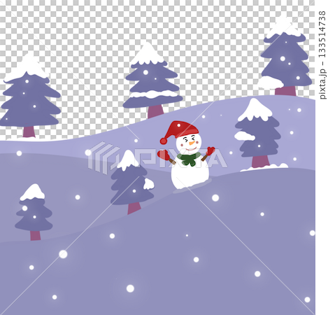 Winter landscape illustration features a happy snowman wearing a red hat and mittens, standing in a snowy forest surrounded by soft purple hills and snow covered trees. Winter landscape illustration features a happy snowman wearing a red hat and mittens, standing in a snowy forest surrounded by soft purple hills and snow covered trees. 133514738