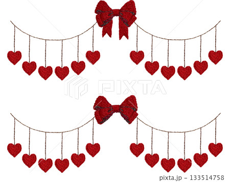 【ハートとリボンのガーランドセット】手刺繍イラスト素材 133514758