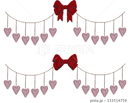 【ハートとリボンのガーランドセット】手刺繍イラスト素材 133514759