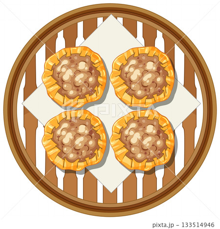 Top View of Steamed Asian Dumplings in Bamboo Basket Top View of Steamed Asian Dumplings in Bamboo Basket 133514946