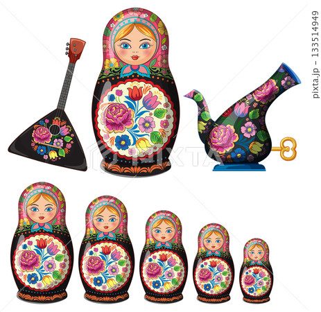Traditional Russian Nesting Dolls with Folk Art Elements 133514949