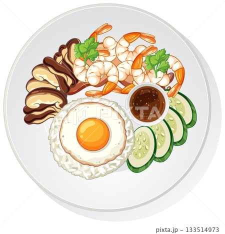 Shrimp Rice Plate with Fried Egg and Vegetables 133514973