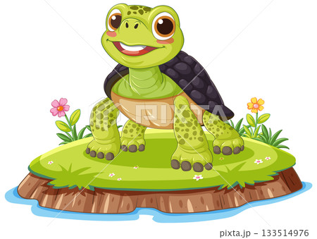 Smiling Cartoon Turtle Standing on Grassy Island 133514976