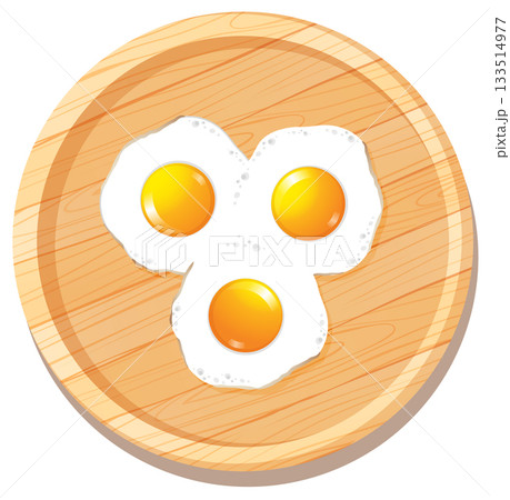 Three Fried Eggs on Wooden Cutting Board Three Fried Eggs on Wooden Cutting Board 133514977