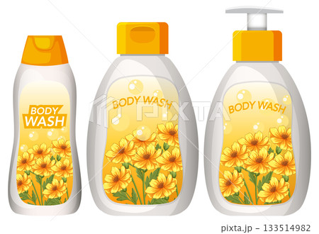 Floral Body Wash Bottles with Yellow Flower Design Floral Body Wash Bottles with Yellow Flower Design 133514982