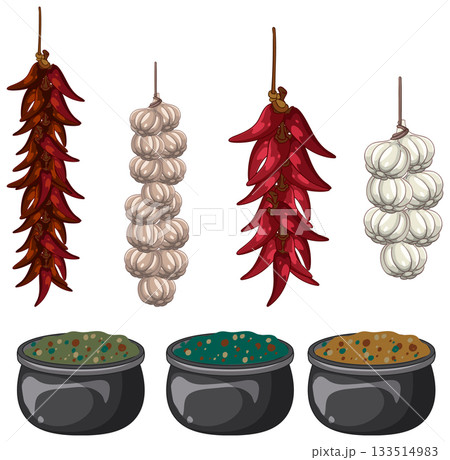 Hanging Chili Peppers and Garlic with Spice Bowls Illustration Hanging Chili Peppers and Garlic with Spice Bowls Illustration 133514983
