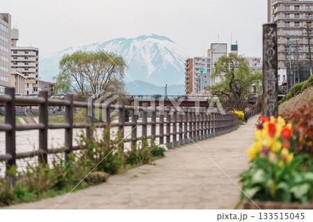 Beautiful Iwate mountain and Kitakami river with flowers blooming in Spring season, cityscape against blue sky in Morioka city, Iwate prefecture, Japan. famous Landmark Travel and Vacation destination 133515045