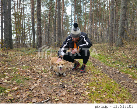Man Playing with Corgi Dog in Autumn Forest 133515103