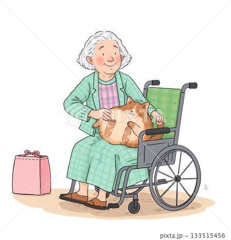 おばあさんが車椅子に座り、膝の上で丸くなる茶トラ猫を優しくなでているシーン。背景は透明でない、人物と 133515456