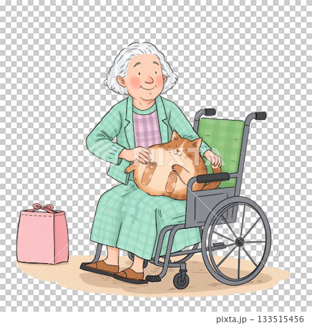 おばあさんが車椅子に座り、膝の上で丸くなる茶トラ猫を優しくなでているシーン。背景は透明でない、人物と 133515456