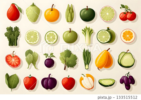 フラットデザインのフルーツと野菜アイコンセット・カラフルな食材イラストコレクション 133515512