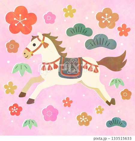ピンク背景の梅・松に囲まれた干支の馬イラスト 133515633