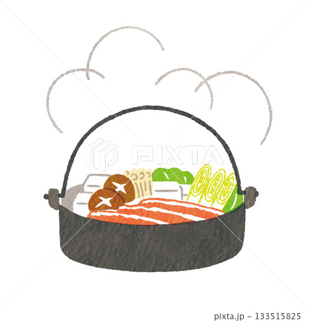 具材たっぷりのすき焼き鍋イラスト（冬の和食・湯気付き） 133515825