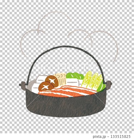 具材たっぷりのすき焼き鍋イラスト（冬の和食・湯気付き） 133515825
