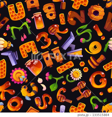 Cartoon honey bee font letters seamless pattern background. Vector playful tile, beekeeping wallpaper with funny letters, special symbols and numbers with honeycombs, jars, flowers, bees, and hives 133515864