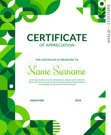 Environment business certificate of appreciation, ecology geometric Bauhaus pattern. Nature sustainability vector certificate, ecology business letter. Planet protection diploma with Bauhaus shapes 133515868