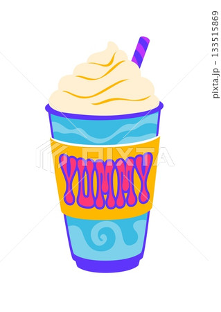 Fast food yummy milkshake vintage Y2K sticker or tag. Takeaway meal vintage hippie vector tag, takeout cafe groovy Y2K label. Fast food menu retro patch with sweet drink, whipped cream and straw 133515869