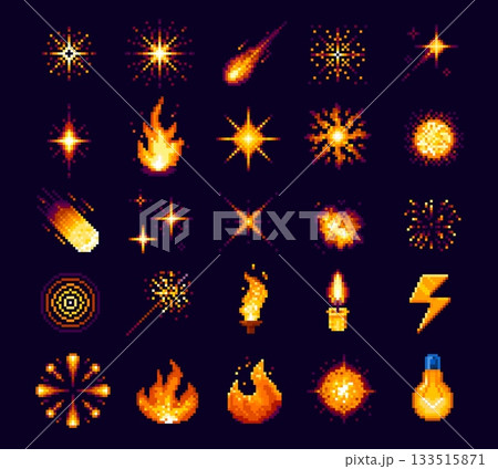 8 bit pixel art fire blast and flames of bomb explosion effect with smoke boom clouds, cartoon vector. 8bit pixel TNT bomb explodes, fire shot blasts and lightning, firework sparkles and candle light 8 bit pixel art fire blast and flames of bomb explosion effect with smoke boom clouds, cartoon vector. 8bit pixel TNT bomb explodes, fire shot blasts and lightning, firework sparkles and candle light 133515871