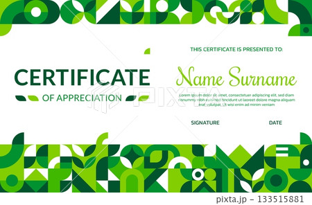 Environment business certificate template, ecology geometric Bauhaus pattern. Ecology protection Bauhaus geometric shapes vector official letter, nature saving certificate. Planet Earth save diploma 133515881