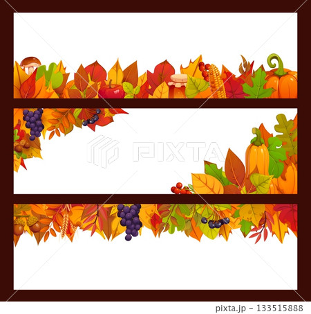 Autumn season and Thanksgiving banners with harvest. Festive fall season borders and holiday vector horizontal frame templates with ripe cartoon pumpkins, berries, fallen forest leaves and fruits Autumn season and Thanksgiving banners with harvest. Festive fall season borders and holiday vector horizontal frame templates with ripe cartoon pumpkins, berries, fallen forest leaves and fruits 133515888