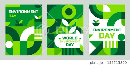 World environment day posters with geometric green Bauhaus pattern. Clean ecology vector card, environment day Bauhaus forms banner. Save nature geometric shapes flyer or planet protection poster World environment day posters with geometric green Bauhaus pattern. Clean ecology vector card, environment day Bauhaus forms banner. Save nature geometric shapes flyer or planet protection poster 133515890